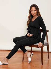 SHEIN Maternidad conjunto de pijama top con cinturón tejido de canalé escote V con pantalones - Negro - Ver 5