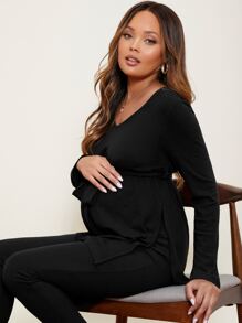 SHEIN Maternidad conjunto de pijama top con cinturón tejido de canalé escote V con pantalones - Negro - Ver 6