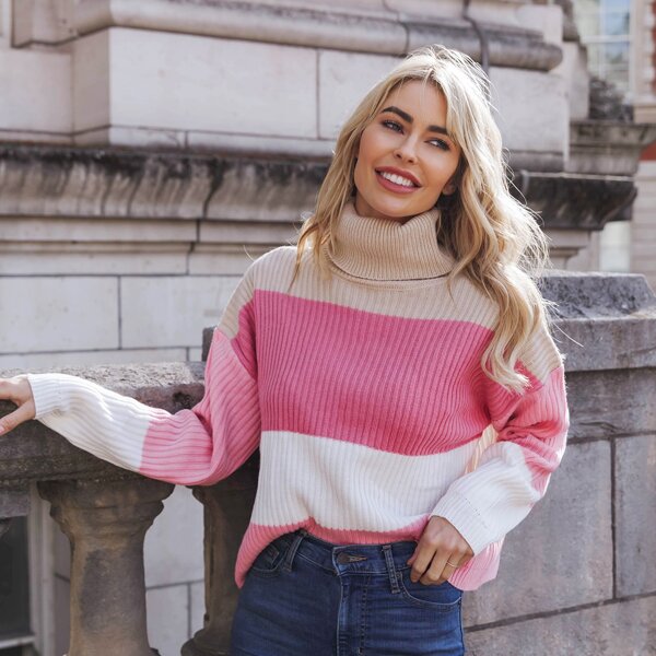 

High Neck Drop Shoulder Ribbed Knit Sweater, Multicolor