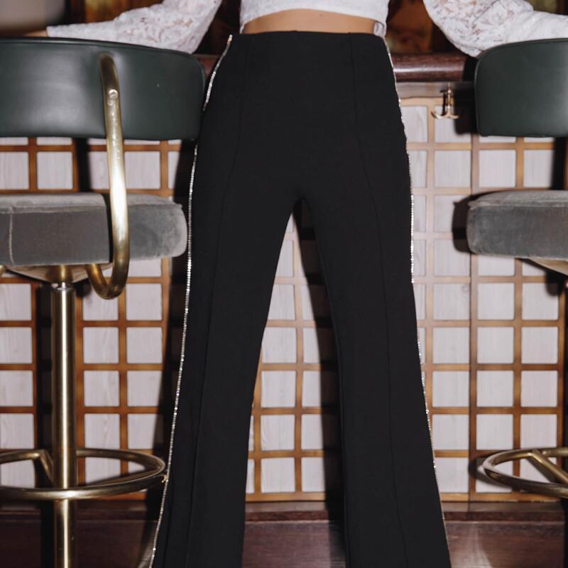 

Rhinestone Beaded Mesh Tape Side Flare Leg Pants, Black