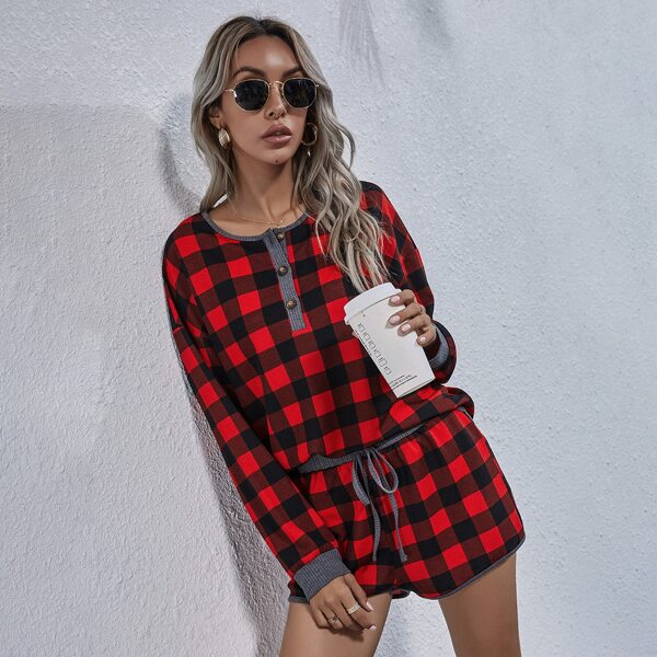 

Gingham Print Drop Shoulder Tee With Drawstring Waist Shorts, Multicolor