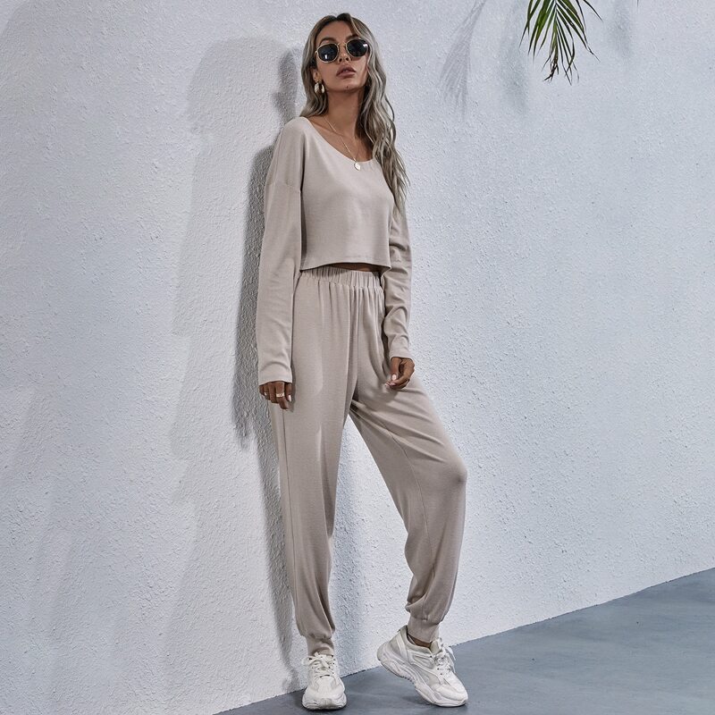 

Drop Shoulder Crop Tee With Elastic Waist Sweatpants, Beige