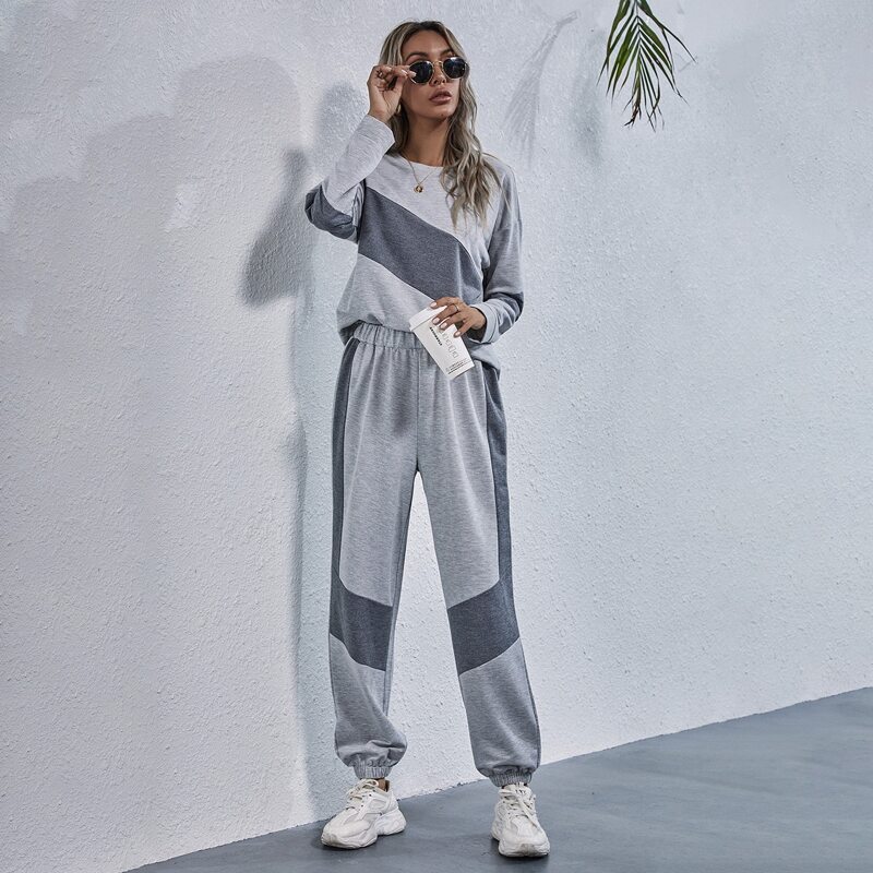 

Colorblock Drop Shoulder Sweatshirt With Sweatpants, Grey