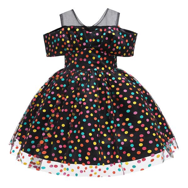 

Toddler Girls Polka Dot Mesh Overlay Bow Back Gown Dress, Multicolor