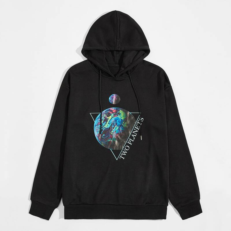 

Guys Planet Graphic Drawstring Hoodie, Black