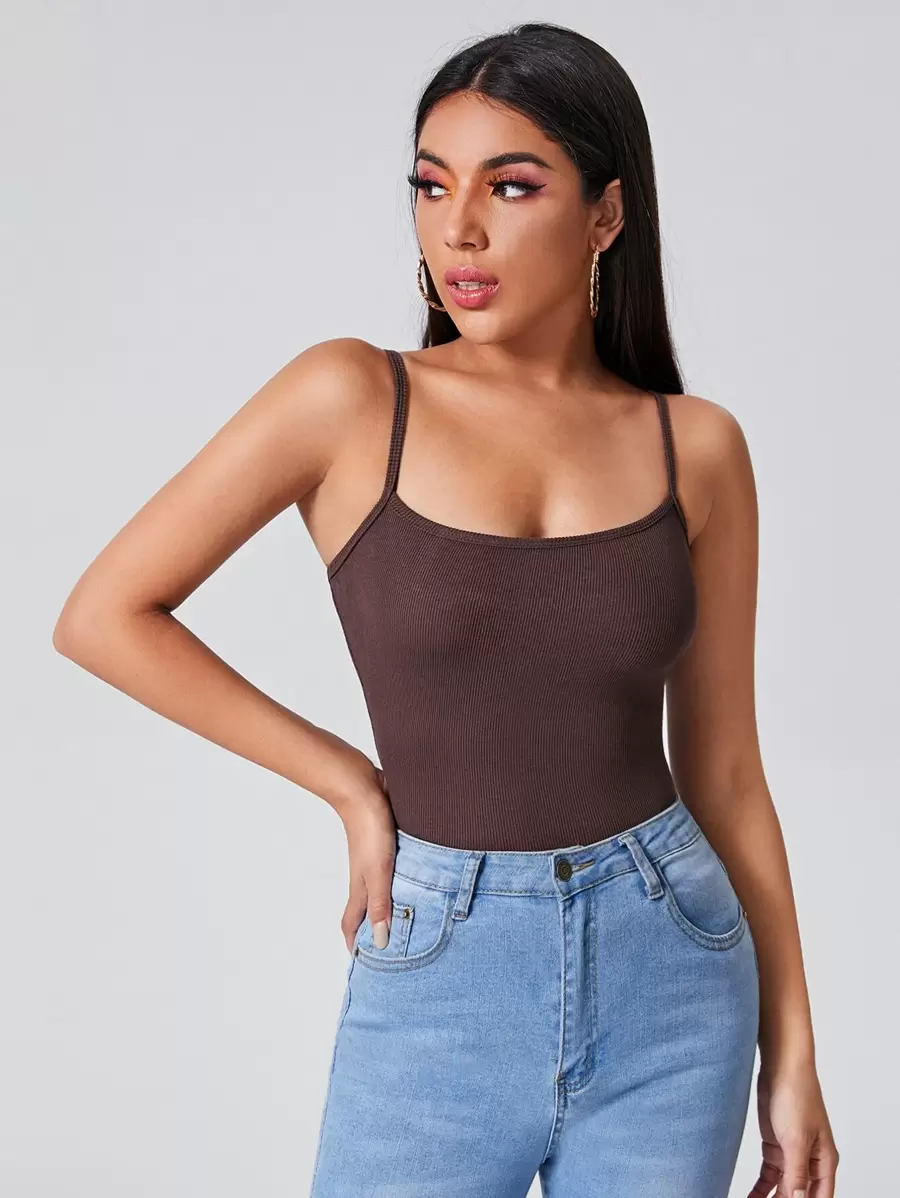 SHEIN EZwear Rib-knit Solid Cami Top - Chocolate Brown - View 1