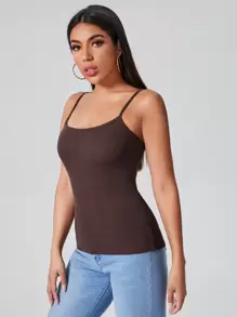 SHEIN EZwear Rib-knit Solid Cami Top - Chocolate Brown - View 3