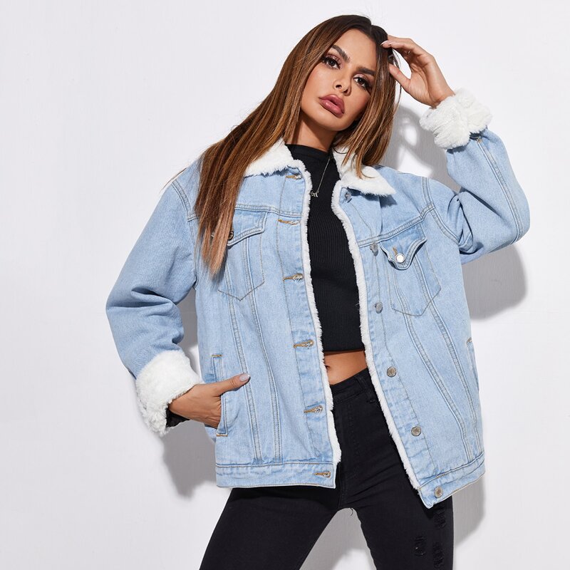 

Teddy Lined Button Up Denim Jacket, Light wash