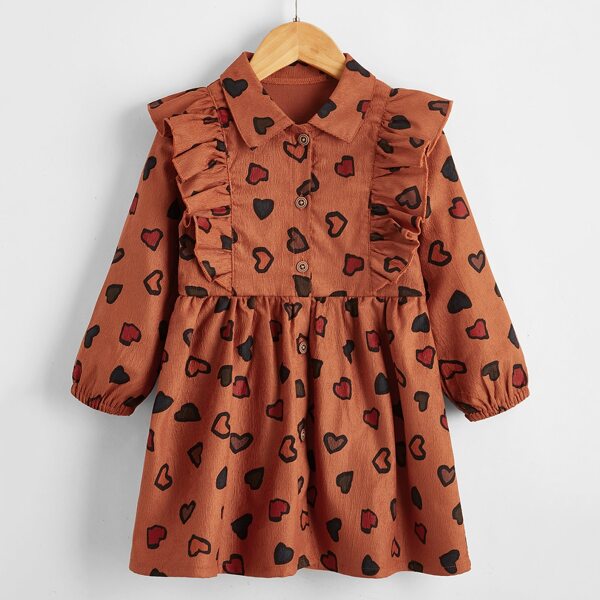 

Toddler Girls Corduroy Heart Ruffle Trim Shirt Babydoll Dress, Brown