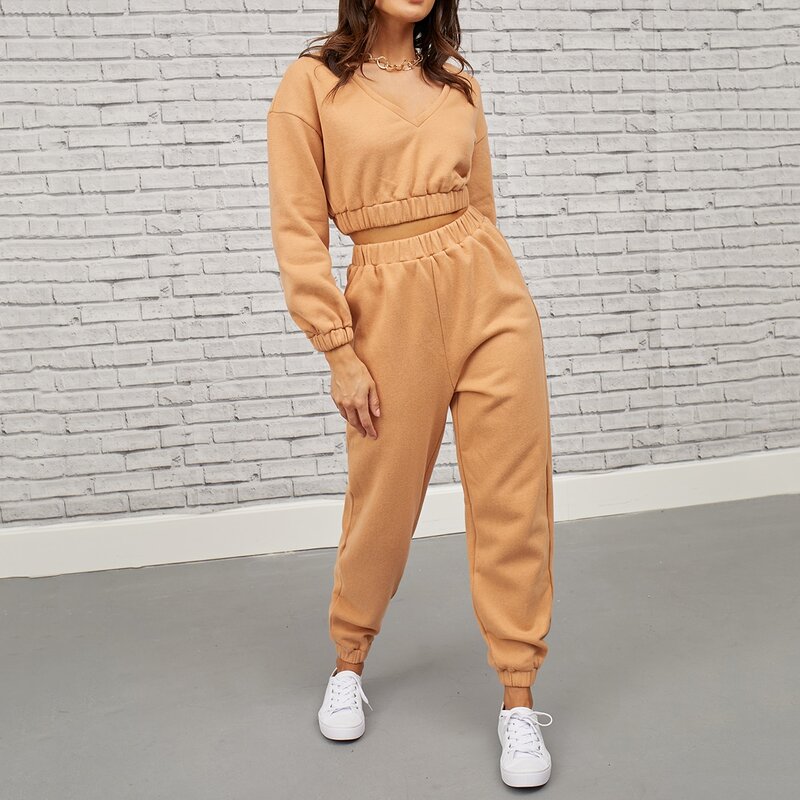 

V-neck Drop Shoulder Solid Pullover & Joggers Set, Camel
