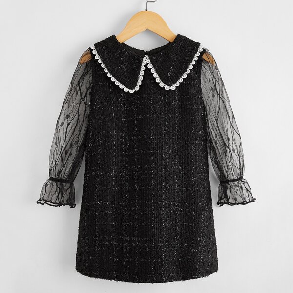

Toddler Girls Contrast Lace Tweed Dress, Black