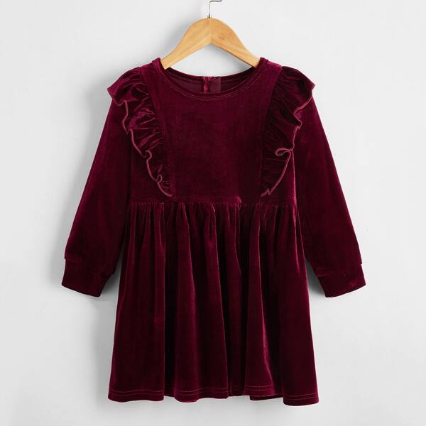 

Toddler Girls Ruffle Trim Velvet Smock Dress, Maroon