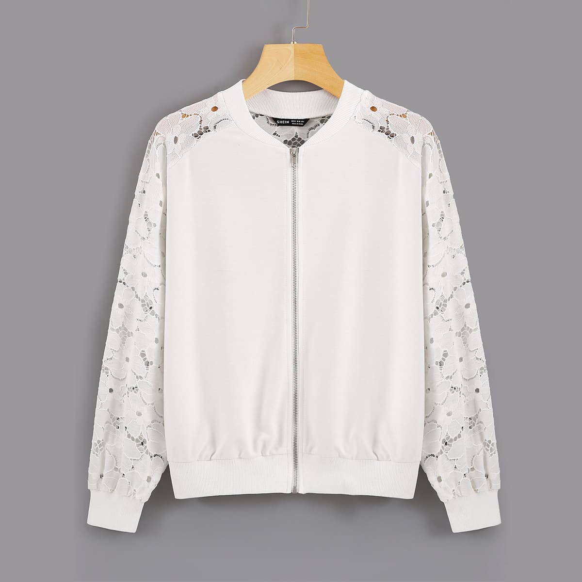 

Lace Raglan Sleeve Bomber Jacket, White