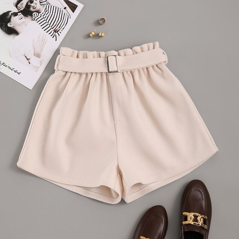 

Paper Bag Waist Belted Wool-mix Shorts, Apricot