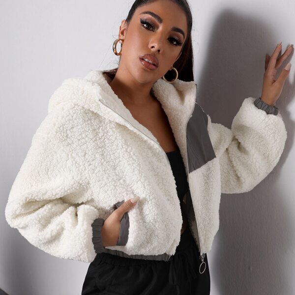 

Pocket Front Reflective Colorblock Teddy Jacket, White