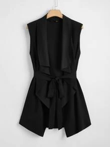 SHEIN Clasi Abrigo chaleco con cinturón de cuello cascada - Negro - Ver 1
