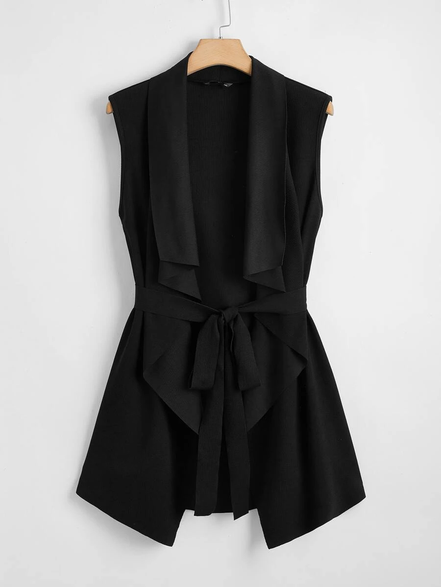 SHEIN Clasi Abrigo chaleco con cinturón de cuello cascada - Negro - Ver 1