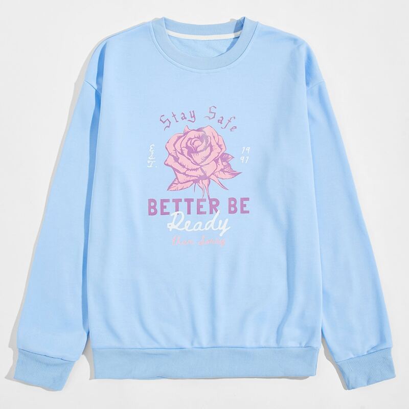 

Guys Letter & Floral Print Sweatshirt, Baby blue