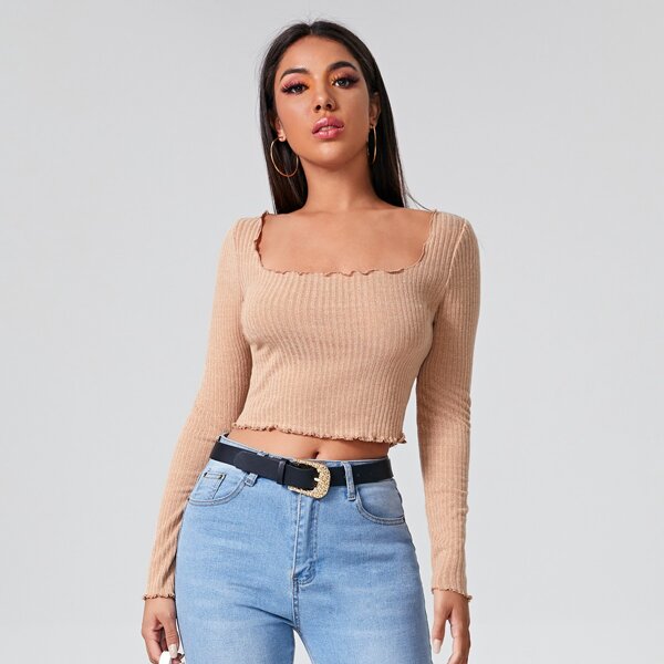 

Scoop Neck Lettuce Trim Crop Top, Khaki