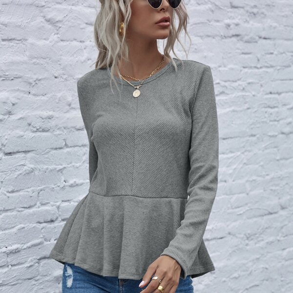 

Solid Rib-knit Peplum Tee, Grey