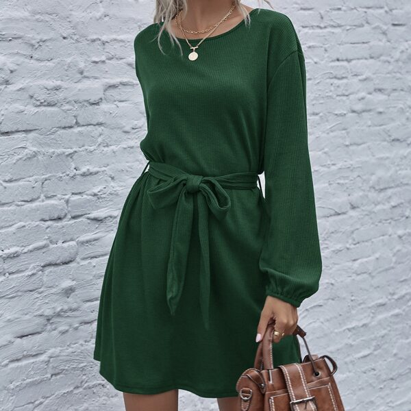 

Drop Shoulder Belted Rib-knit Dress, Dark green