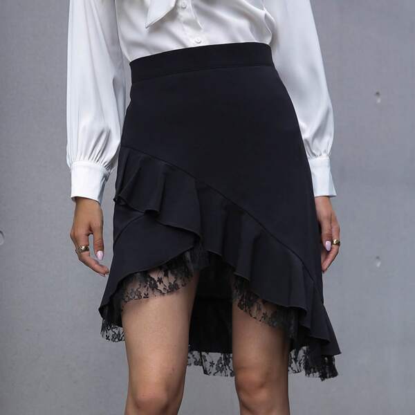 

Lace Trimed Ruffle Asymmetrical Hem Skirt, Black