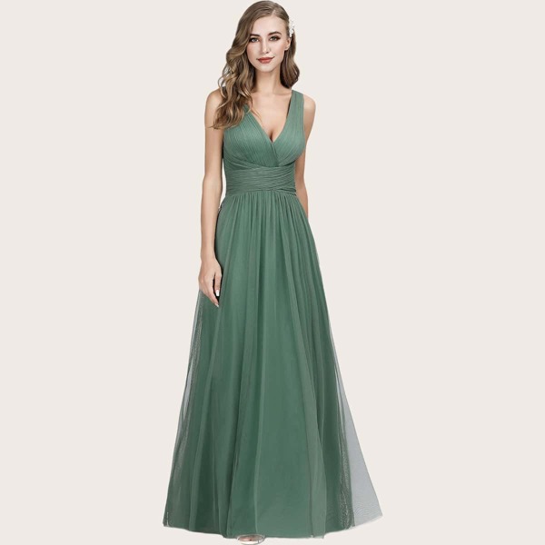 

Low Back Ruched Bodice Mesh Prom Dress, Green
