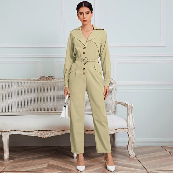 

Self Tie Button Front Shirt Jumpsuit, Khaki
