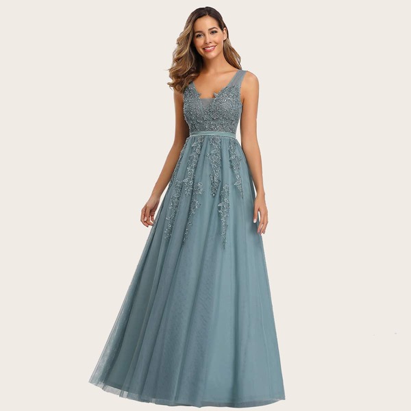 

V-back Appliques Bodice Mesh Prom Dress, Blue