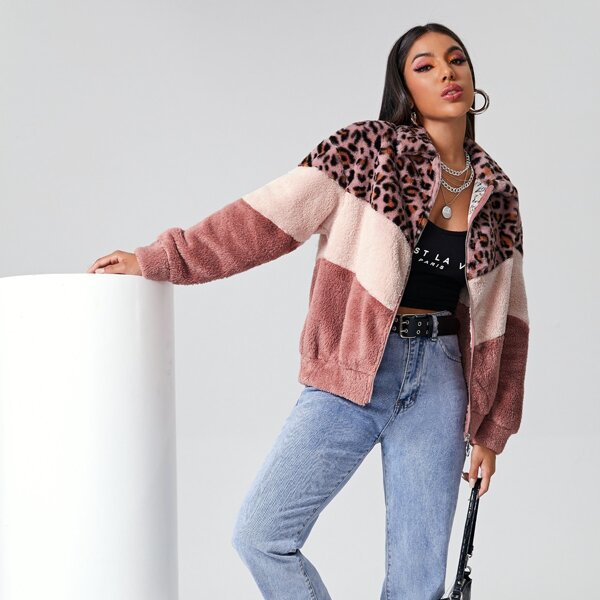 

Leopard Colorblock Teddy Jacket, Multicolor