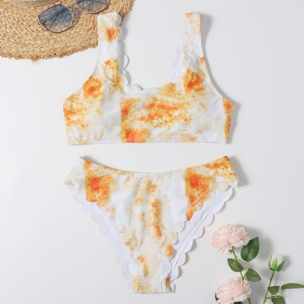 

Tie Dye Scallop Trim Bikini Swimsuit, Yellow