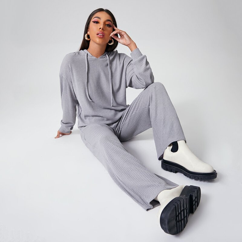 

Drop Shoulder Drawstring Hoodie & Pants Set, Light grey