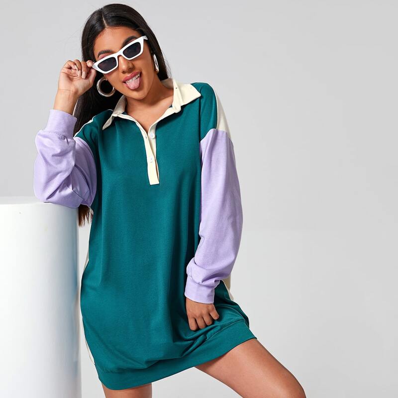 

Drop Shoulder Colorblock Sweatshirt Dress, Multicolor