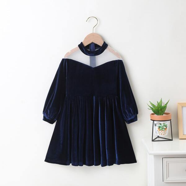 

Toddler Girls Velvet Contrast Mesh Skater Dress, Navy blue