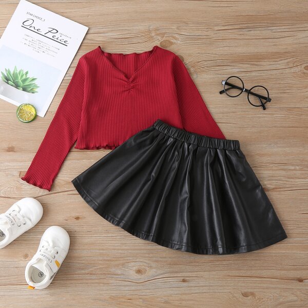 

Toddler Girls Lettuce Trim Ruched Tee & PU Leather Skirt, Multicolor