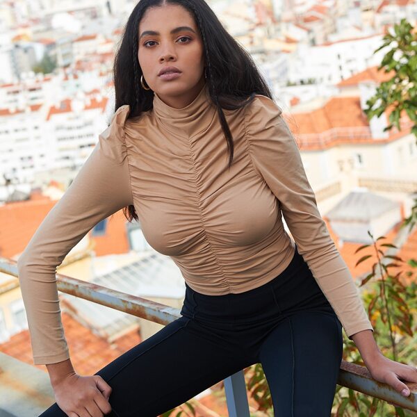 

Mock Neck Gigot Sleeve Ruched Detail Tee, Apricot