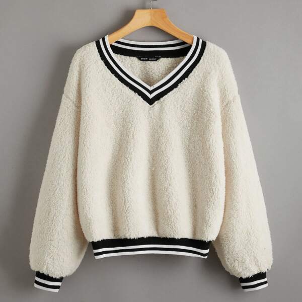 

Striped Trim Drop Shoulder Teddy Pullover, Beige