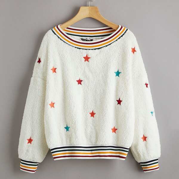 

Drop Shoulder Striped Trim Star Embroidery Teddy Pullover, White