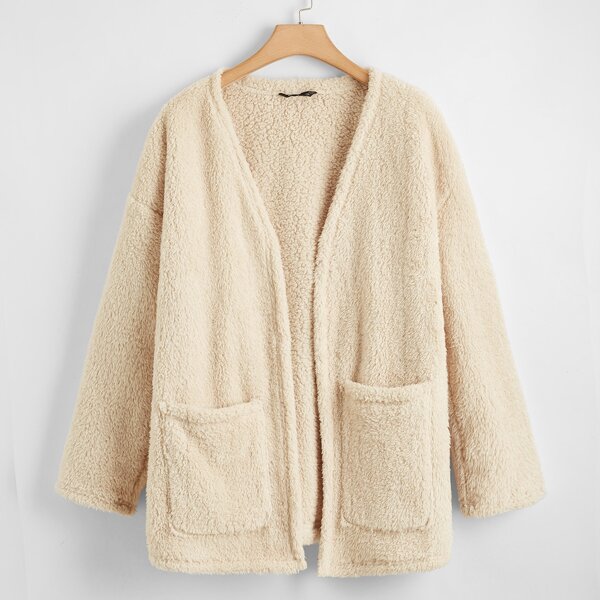

Plus Drop Shoulder Open Front Teddy Coat, Beige