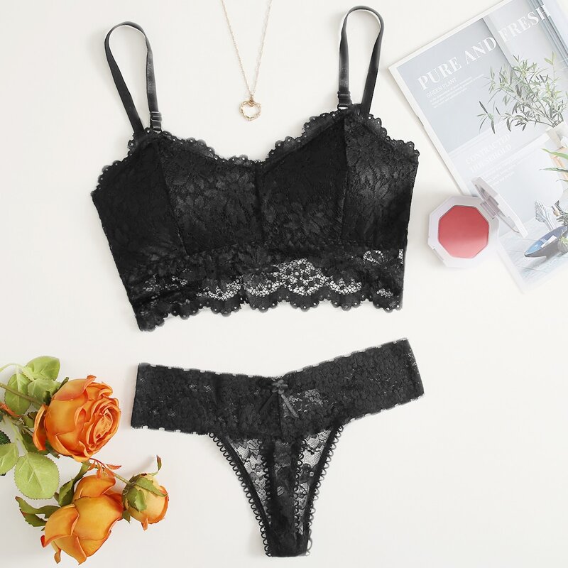 

Floral Lace Lingerie Set, Black