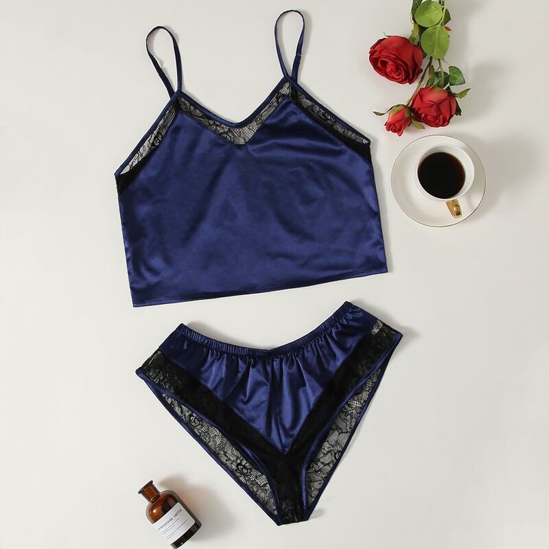 

Floral Lace Satin Lingerie Set, Royal blue