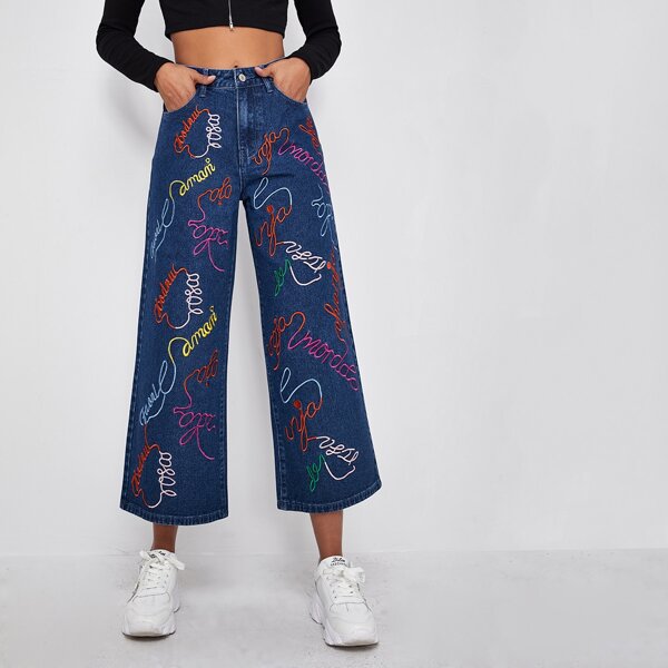 

Slant Pocket Letter Embroidered Wide Leg Jeans, Dark wash