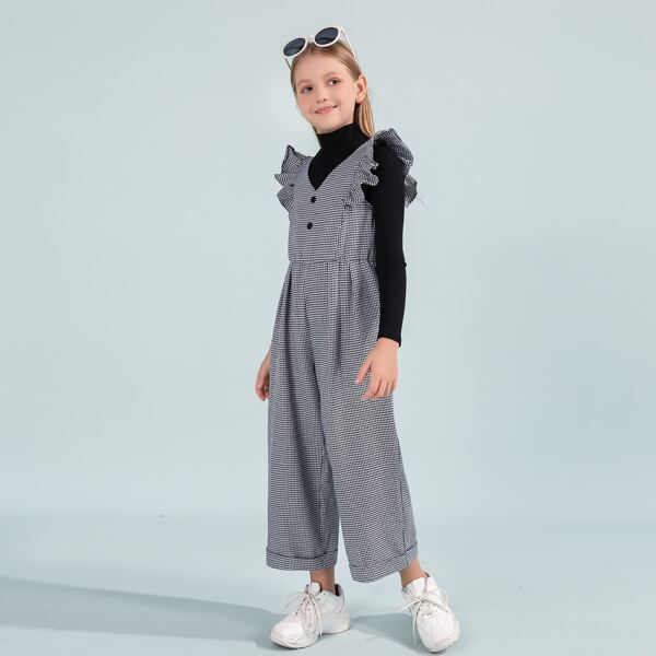 

Girls High Neck Solid Tee & Ruffle Armhole Cuffed Hem Houndstooth Jumpsuit Set, Black and white