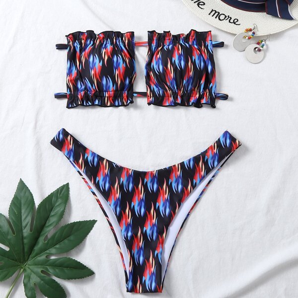 

Fire Print Frill Bandeau Bikini Swimsuit, Multicolor