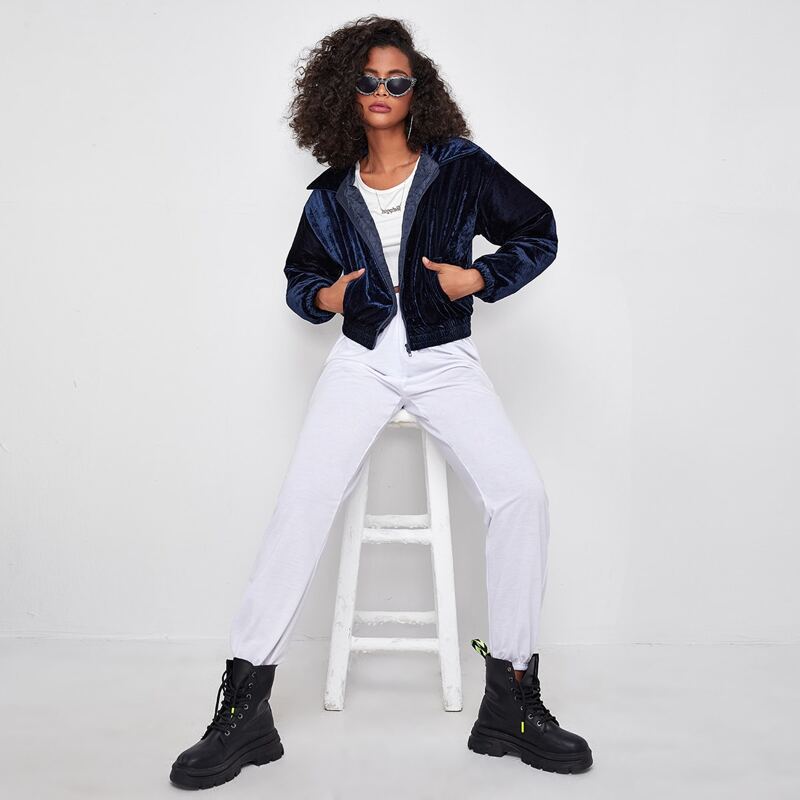 

Drop Shoulder Slant Pocket Zip Up Velvet Jacket, Navy blue