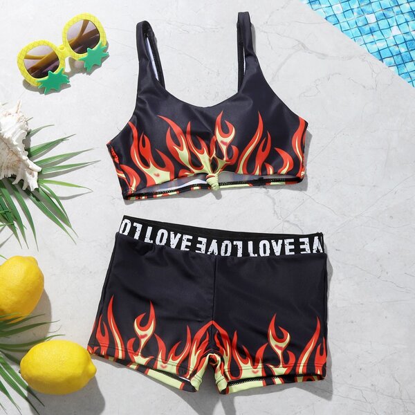 

Girls Fire Print Letter Tape Bikini Swimsuit, Multicolor