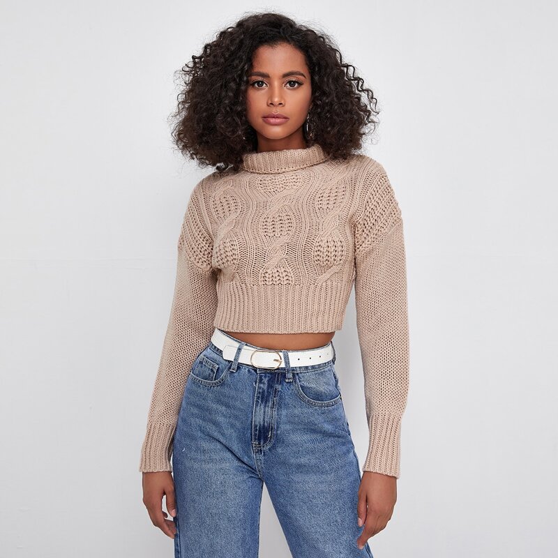 

Drop Shoulder Turtle Neck Crop Sweater, Dusty pink