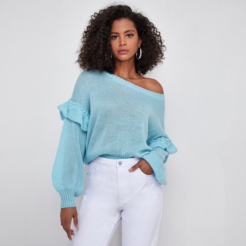 

Drop Shoulder Ruffle Trim Sweater, Mint blue