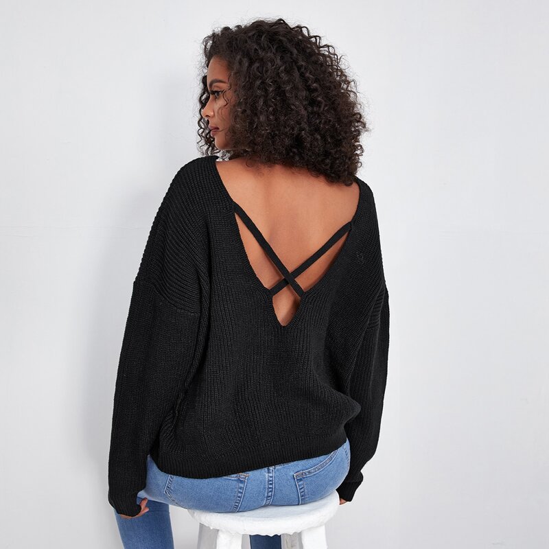 

Solid Criss-cross Drop Shoulder Sweater, Black