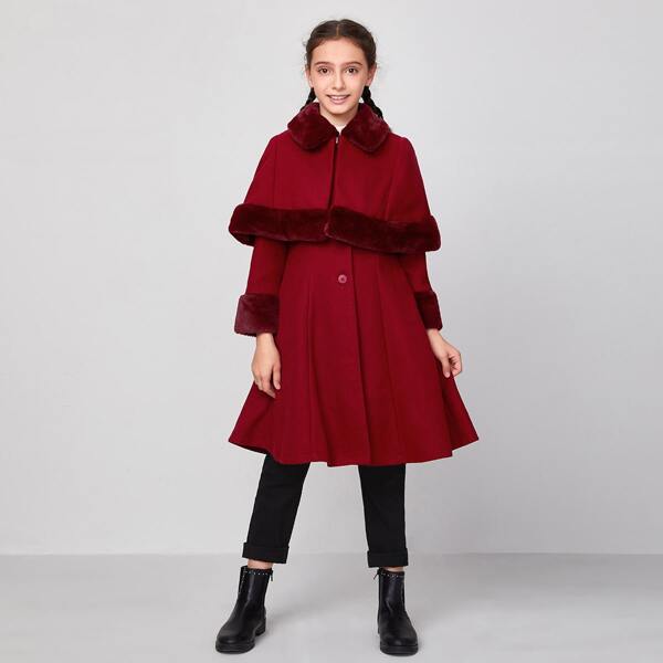 

Girls Contrast Faux Fur Single Breasted Overcoat With Cape, Burgundy